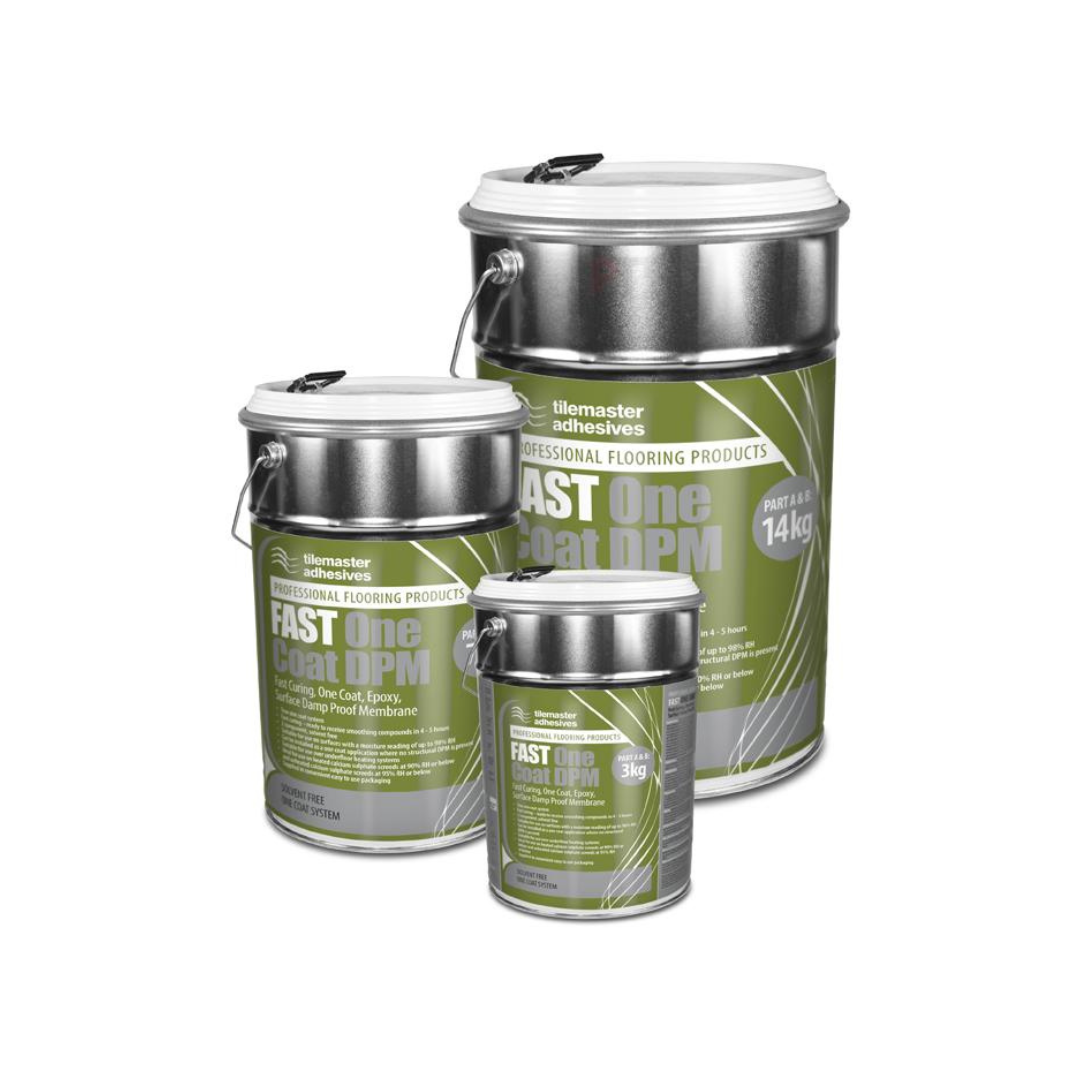 Three containers of Tilemaster FAST One Coat DPM in different sizes