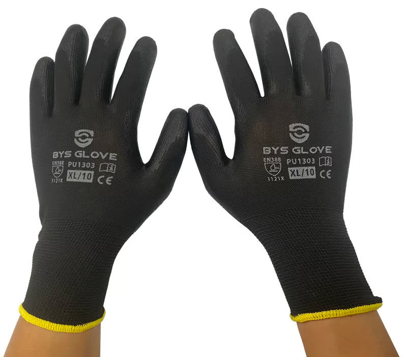 Black Safety Gloves PU Palm Coated - Polyester Liner