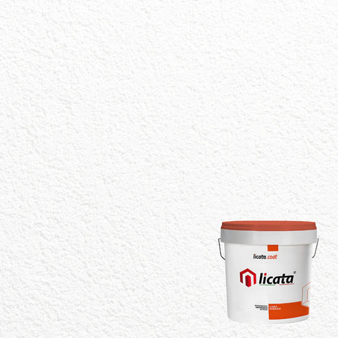 A white, textured wall or surface with a plastic bucket of Licata brand paint