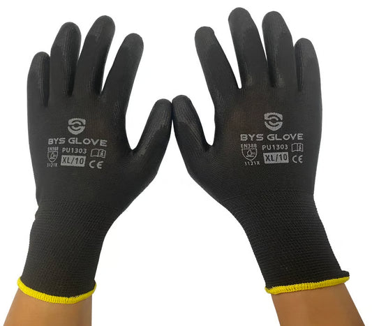 Black Safety Gloves PU Palm Coated - Polyester Liner
